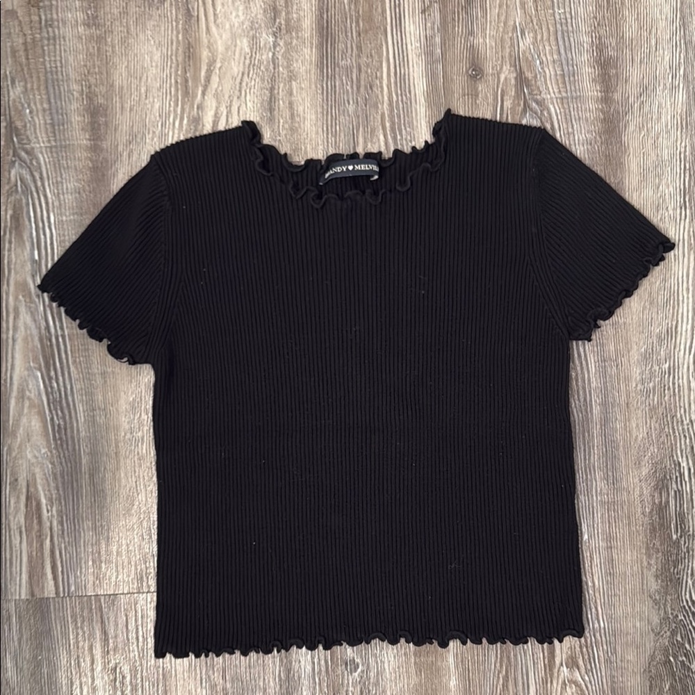 Brandy Melville Black Ribbed Ruffle Trim Top